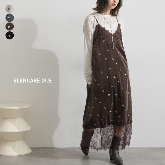 日本 ELENCARE DUE - 魅力光澤絨面蕾絲吊帶洋裝-小花刺繡-象牙