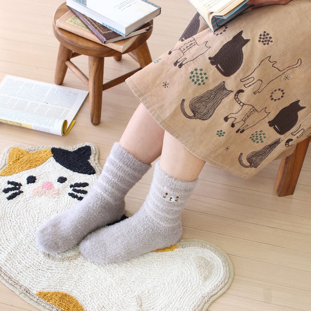 日本 TOMO - 可愛動物刺繡毛絨保暖襪-比熊犬-灰 (22-25cm)