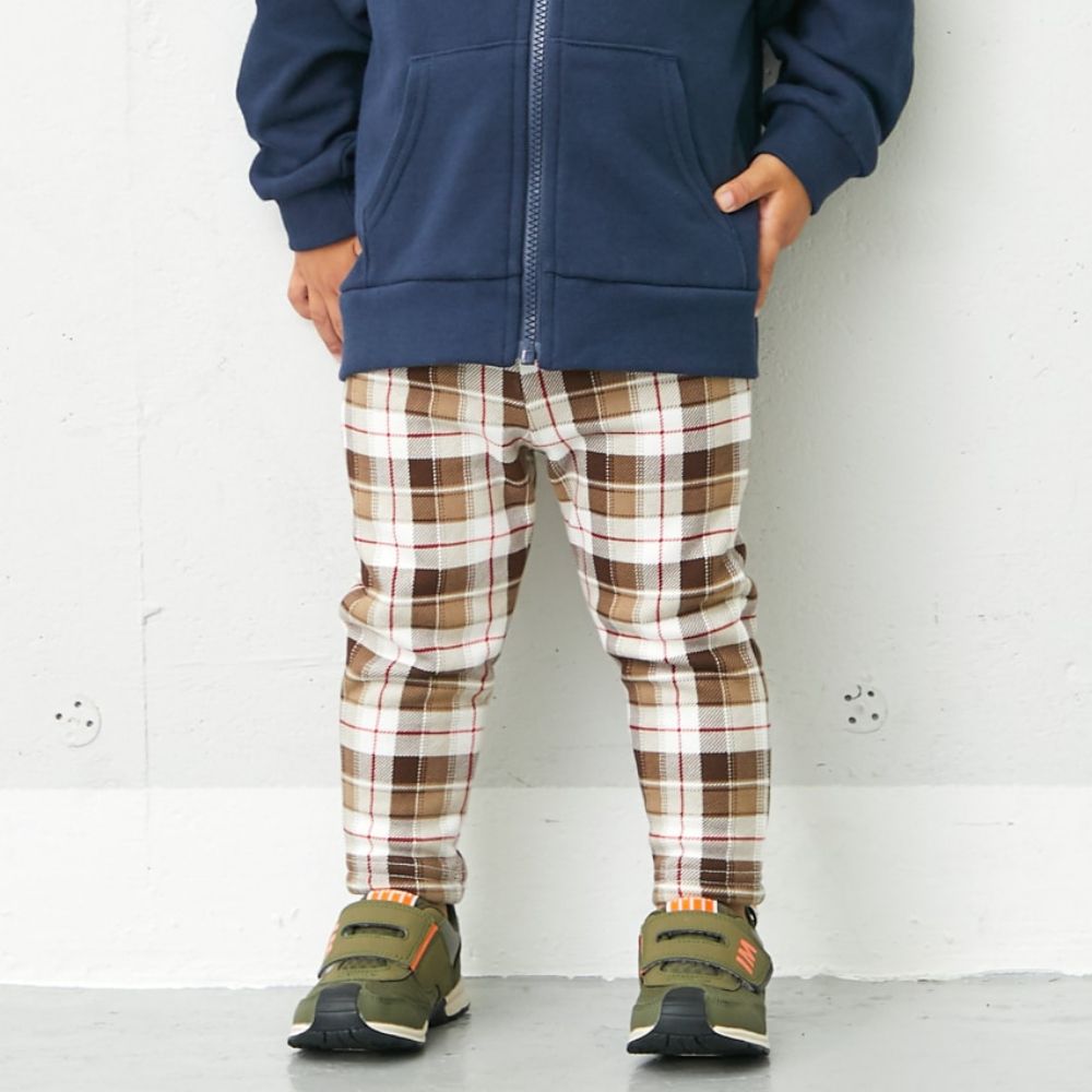 日本千趣會 - [包色推薦]毛絨內裏彈性長褲-格紋-米棕