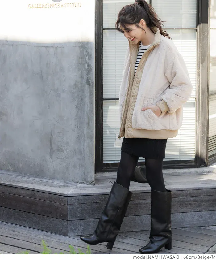 日本 COCA - 雙面穿絨毛絎縫立領鋪棉夾克-軍綠