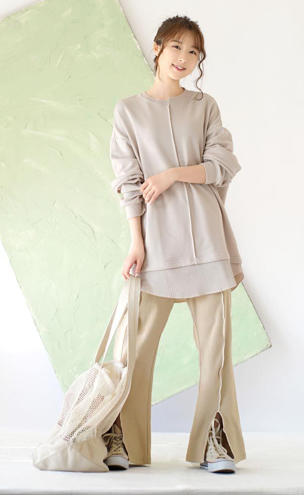 日本 zootie - 木耳滾邊前開衩寬褲-淺卡其