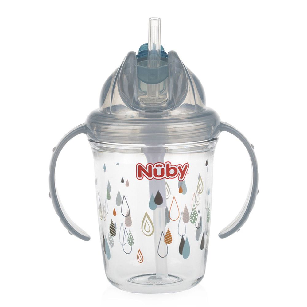 Nuby - 晶透杯系列 雙耳學飲杯-水滴-灰-240ml (細吸管)