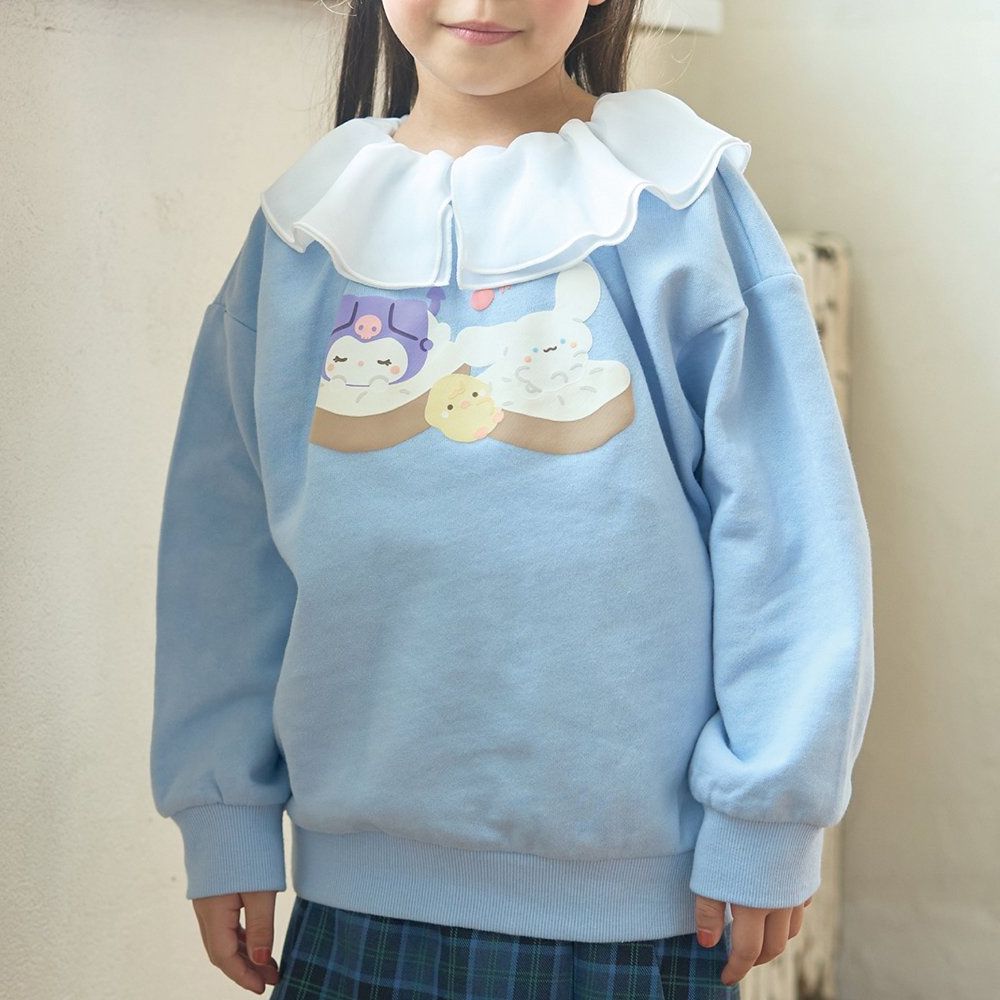 聯名款 正反兩穿純棉荷葉領長袖上衣-卡通人物三麗鷗-水藍