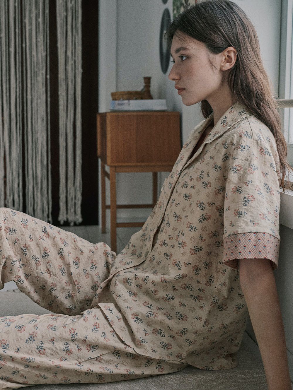 韓國 ULLALA - 復古碎花長褲睡衣(兩件式) (FREE)