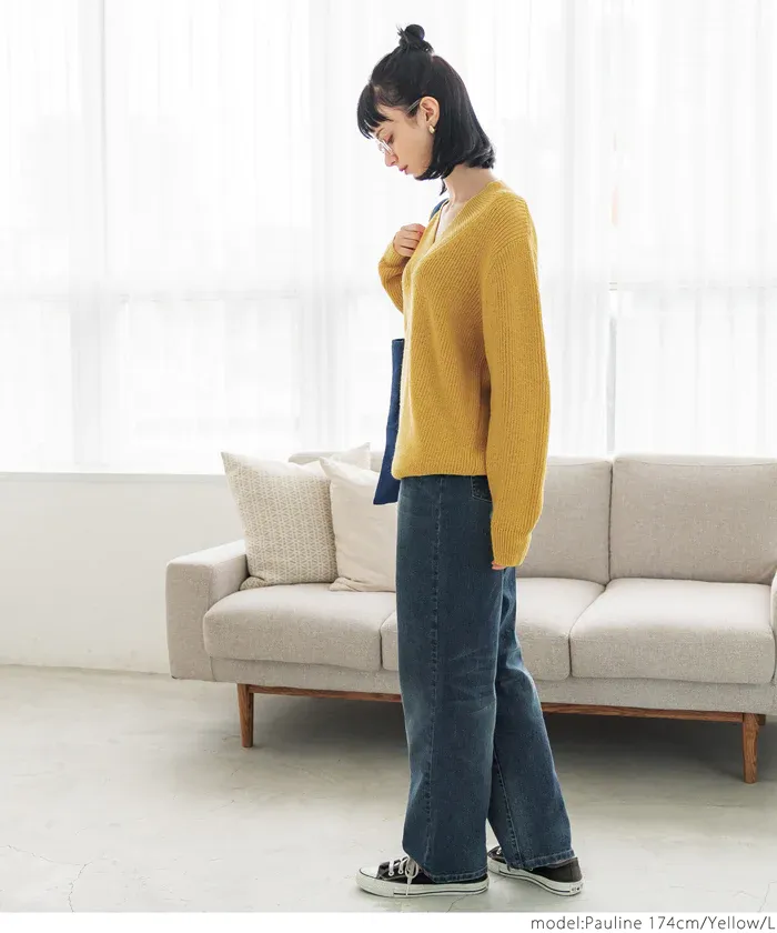 日本 COCA - 文藝V領羅紋針織毛衣-芥黃