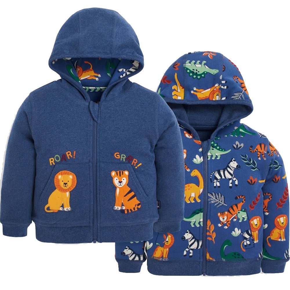 英國 JoJo Maman BeBe - 雙面穿100%純棉保暖連帽外套-野生動物