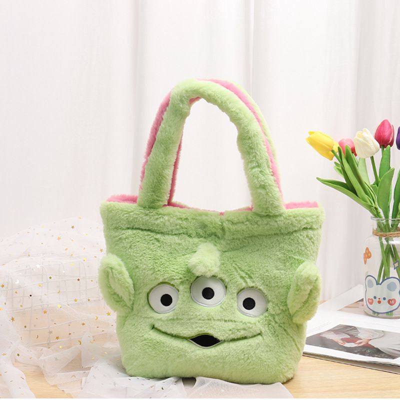 卡通毛茸茸兩面翻翻手提袋-卡通人物跳跳虎+維尼-橘+黃 (31x23x12cm)