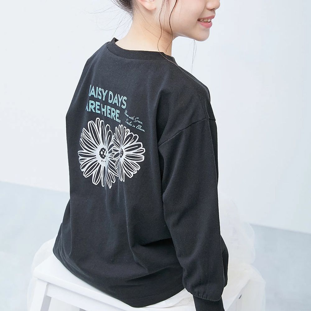 100%棉 閃亮金屬印花長袖上衣-雛菊-黑