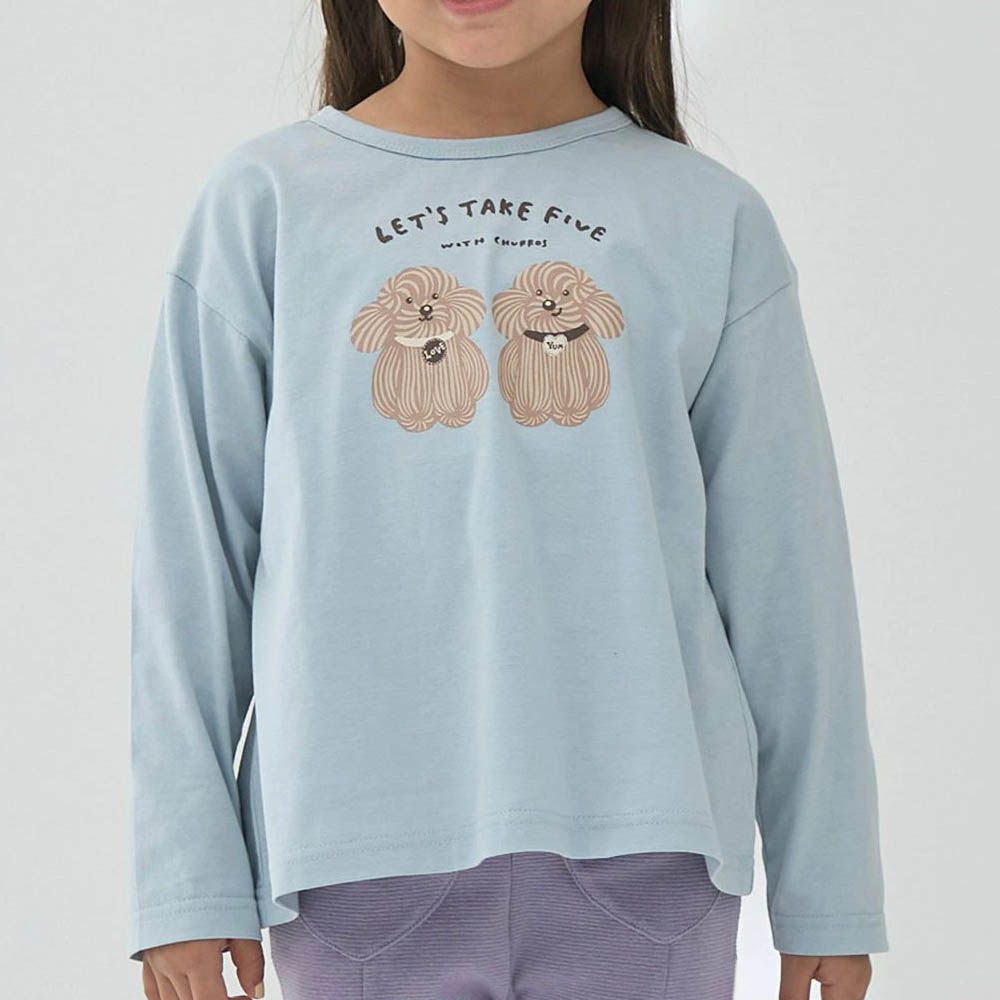 100%棉 可愛少女印花長袖上衣-長毛狗狗-淺灰藍