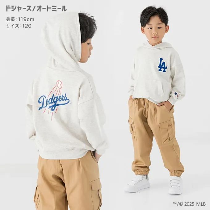 日本 Chil2 - MLB聯名 立體刺繡連帽長袖上衣-洛杉磯道奇-燕麥
