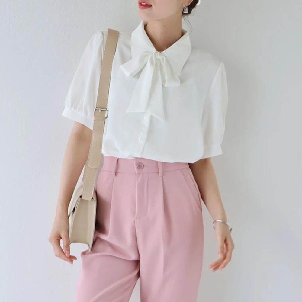 氣質蝴蝶結雪紡小澎袖襯衫-米白