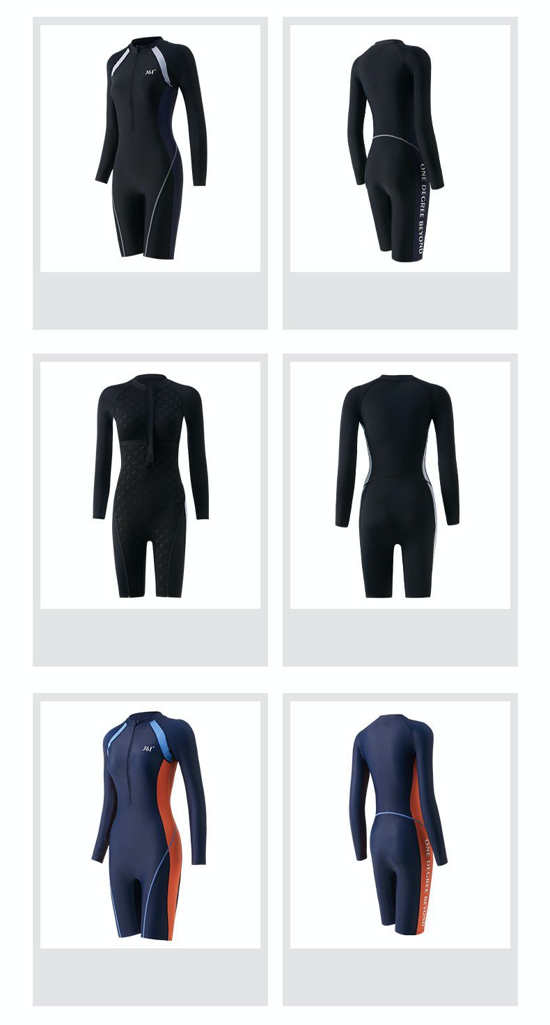 361° - 運動風拼色短袖連身五分褲泳衣-深藍+橘