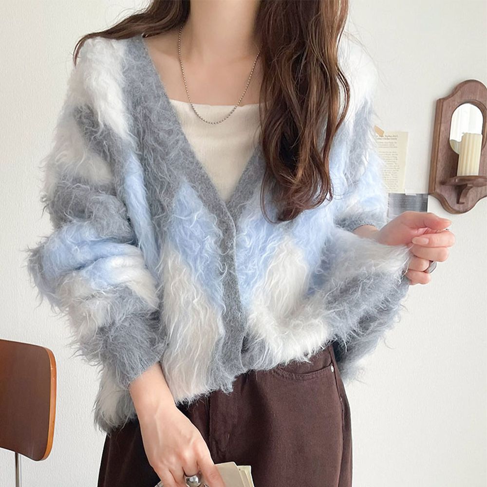 浪漫毛海菱格針織開襟衫-藍x灰