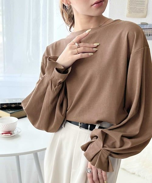 日本 Classical Elf - 100%棉 船領顯瘦糖果袖上衣-冰河灰