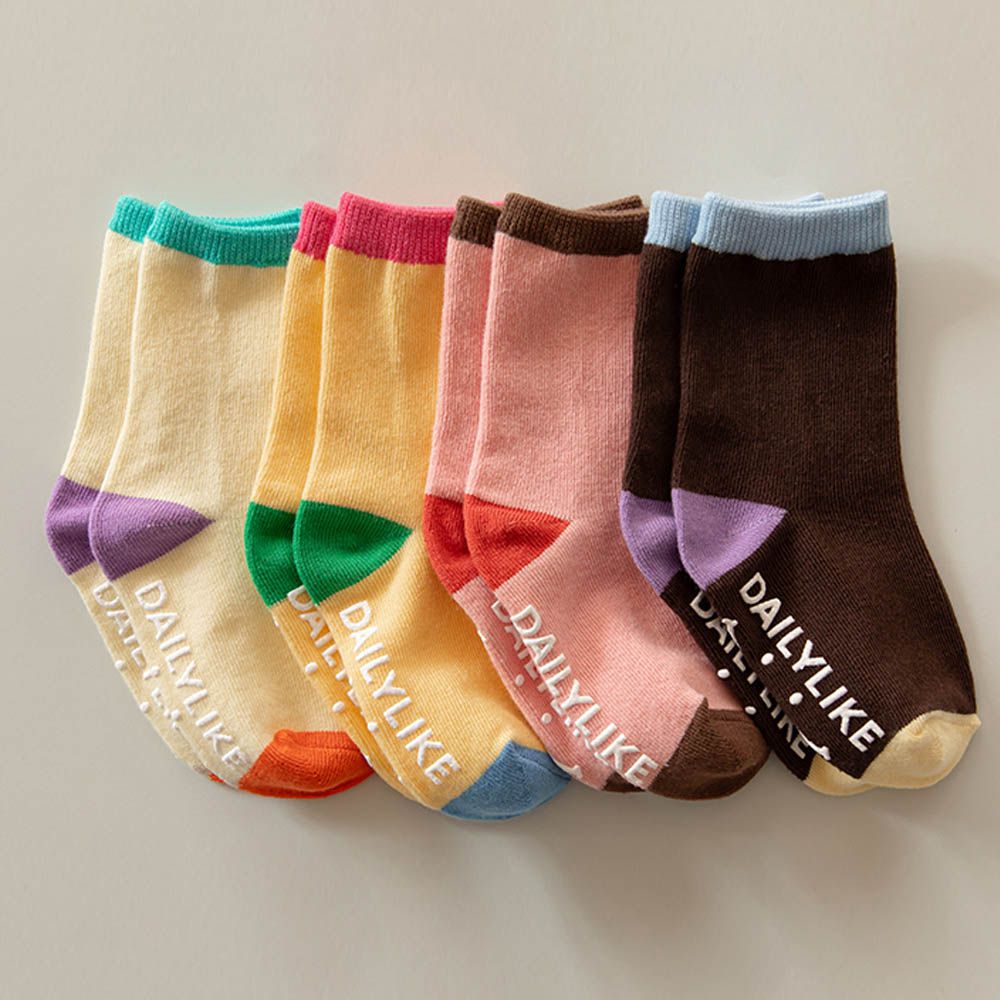 兒童襪子/中筒襪4入組-拼色02-米X粉X黃X咖