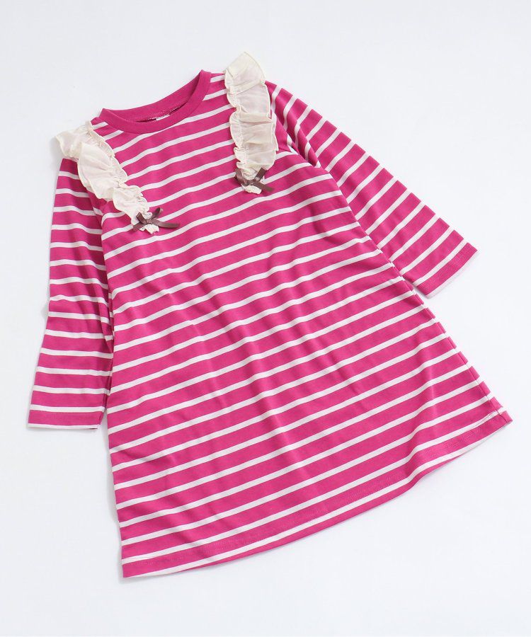 日本 apres les cours - 肩部荷葉印花薄長袖洋裝-愛心-海軍藍