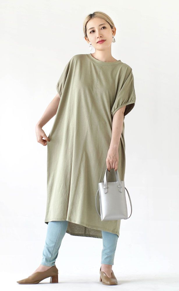 日本 zootie - 涼感機能 圓領泡泡五分袖洋裝-粉紫