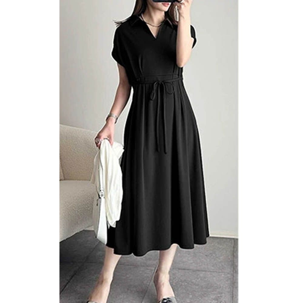 接觸冷感 優美V領腰綁帶短袖洋裝-短版-黑