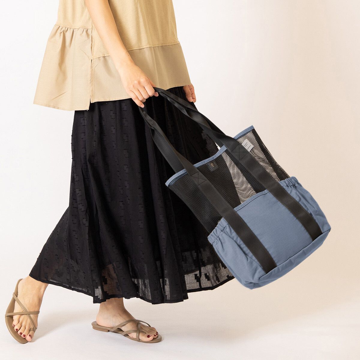 日本代購 - 美式休閒風 網眼拼接肩背購物袋-黑 (37x25x12cm)