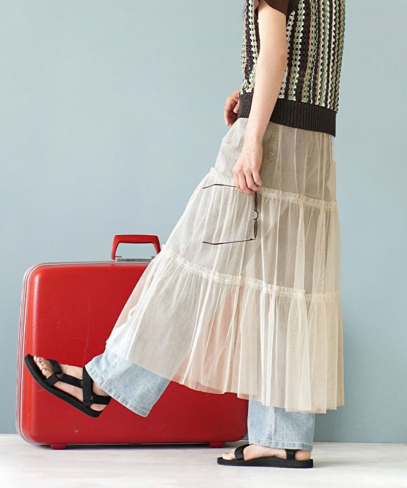 日本 zootie - 層次穿搭透膚薄紗長裙-米杏