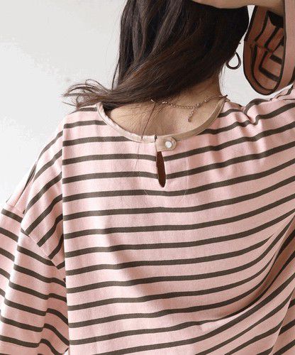 日本 Bou Jeloud - 百搭落肩長袖上衣-條紋-粉