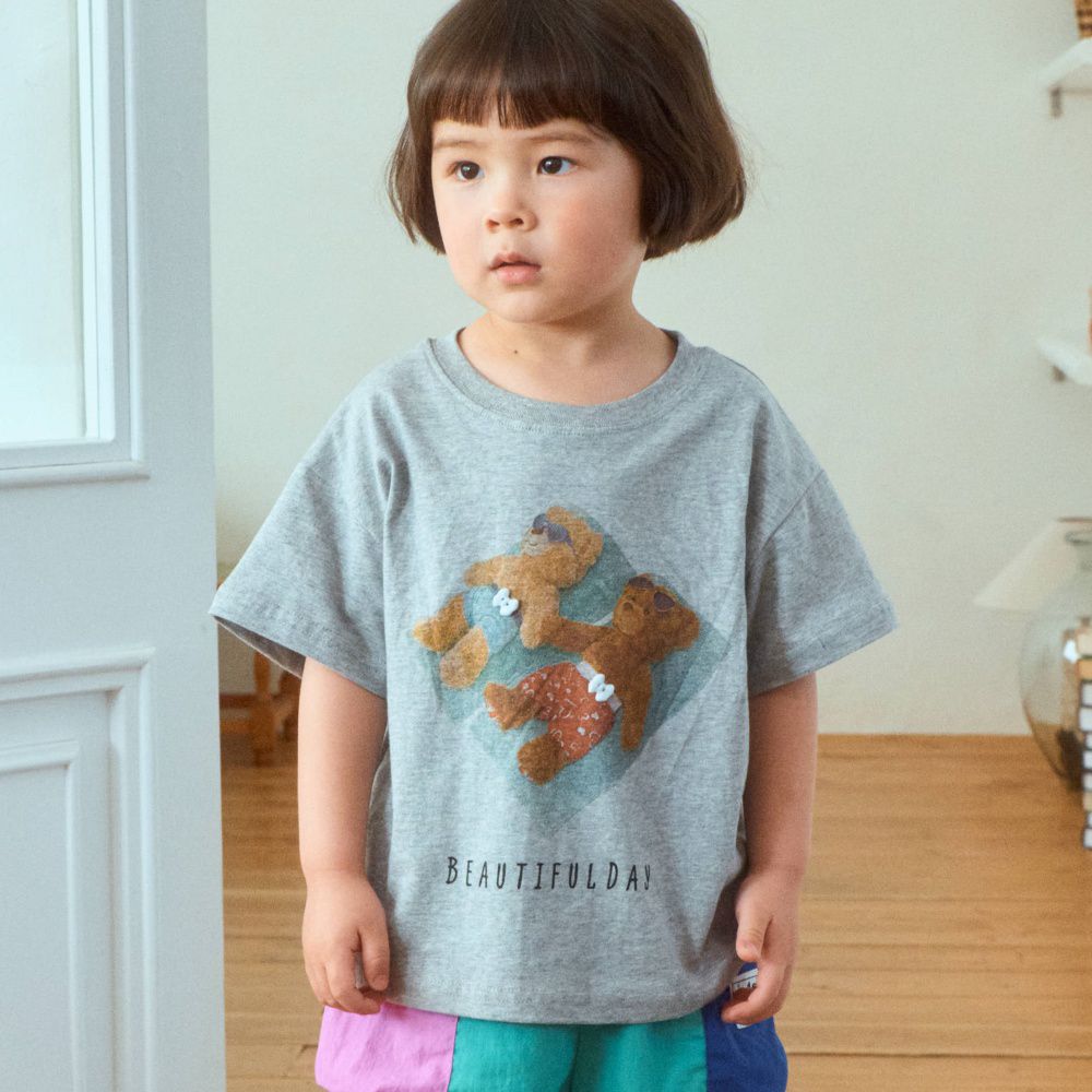 First Blue 日光浴熊熊純棉短袖上衣-灰