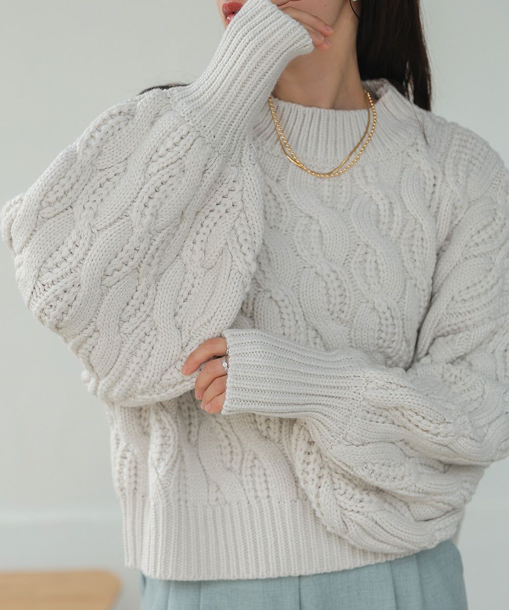 日本 Bab - 麻花編織圓領泡泡袖毛衣-粉膚