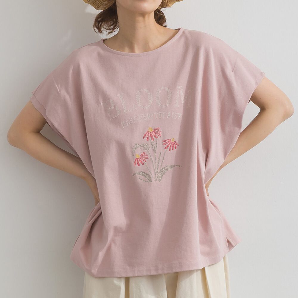 純棉 低調花朵刺繡落肩顯瘦短袖上衣-粉紅