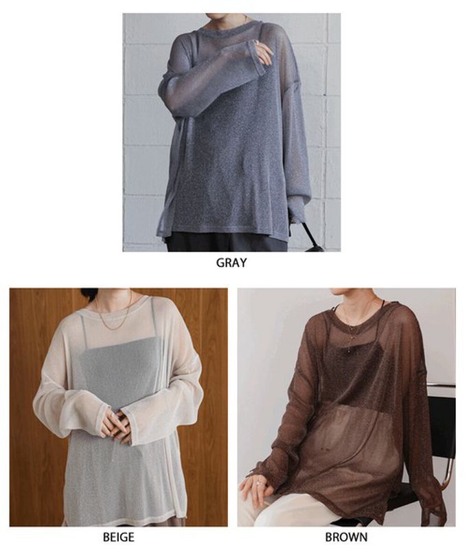 日本 Bab - 光澤閃耀透膚寬版長袖上衣-淺杏