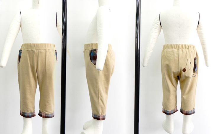 日本 ZOOLAND - 印花拼接七分褲-狗狗格紋-深藍