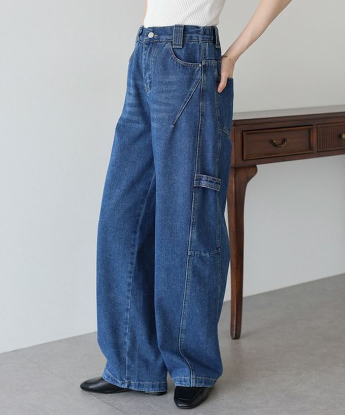 日本 BLUE EAST - 率性寬鬆感高腰畫家丹寧褲-深藍