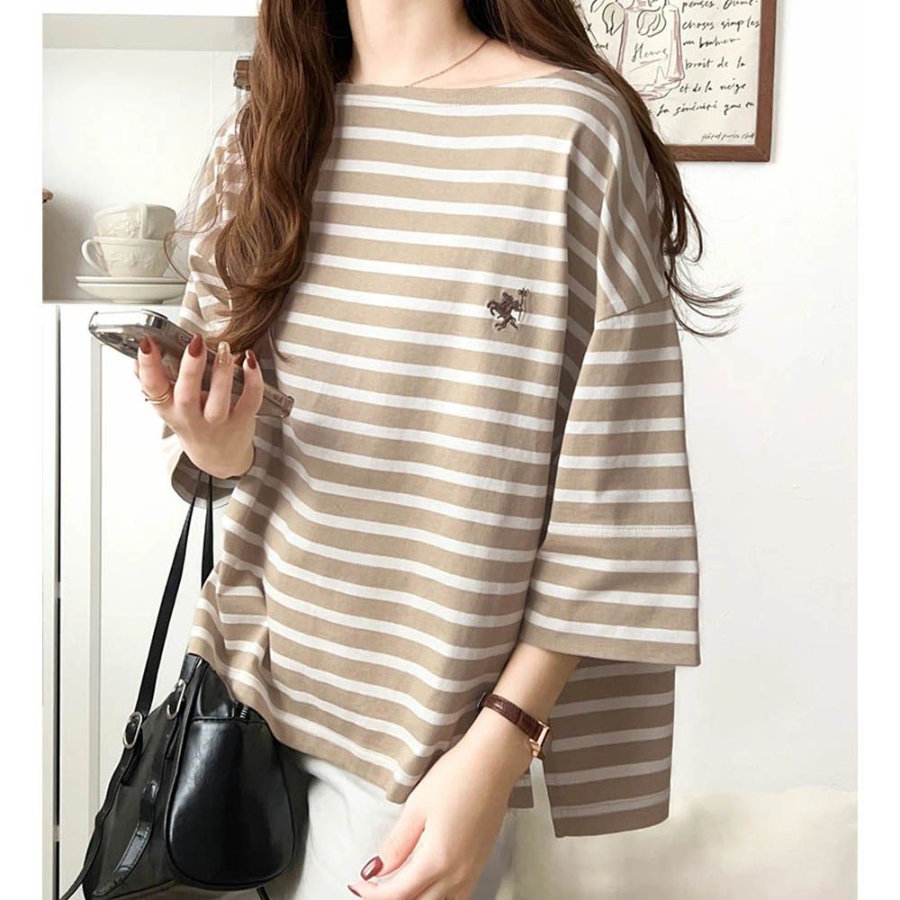 混有機棉休閒條紋五分袖上衣-卡其x白