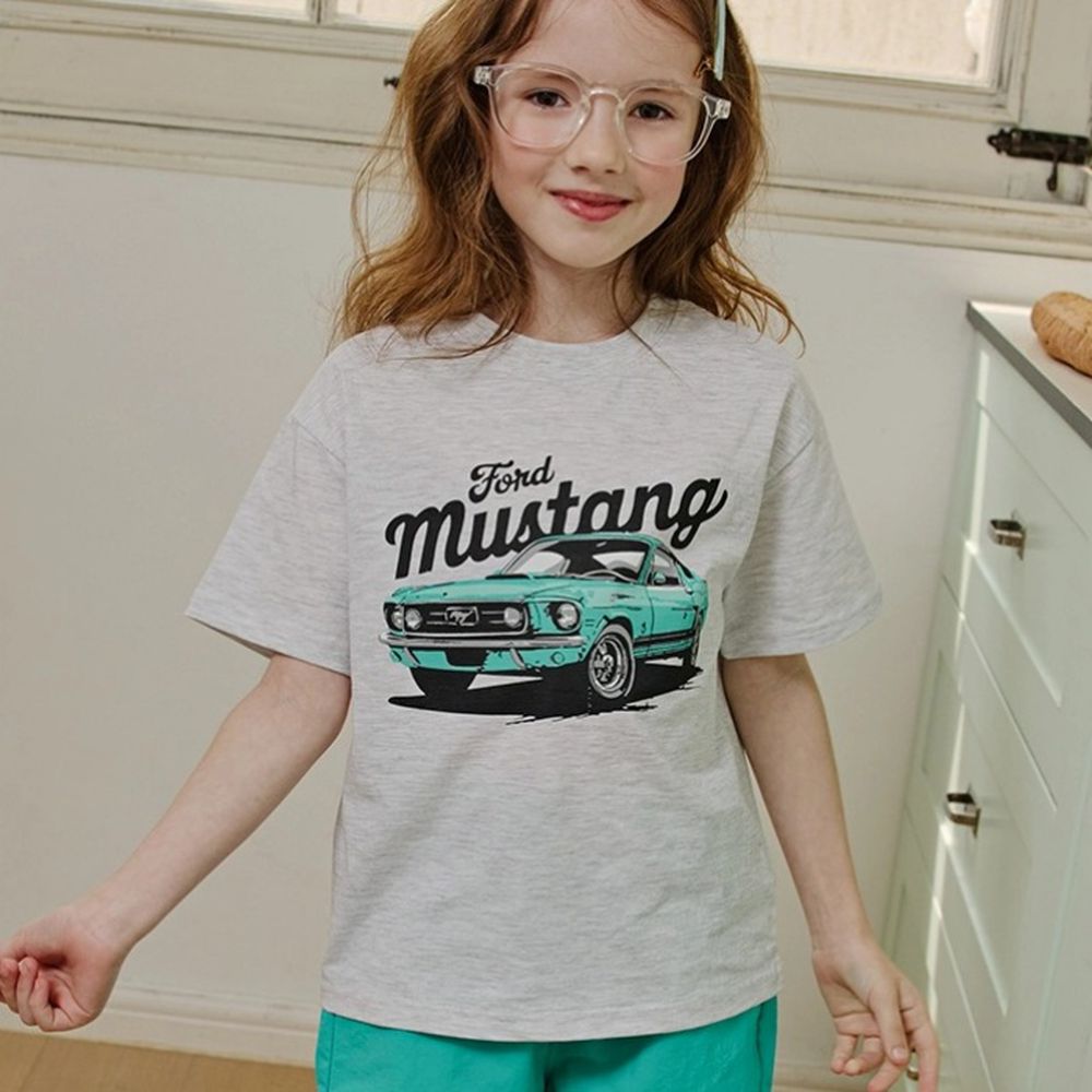 APPLE SMILE 美式復古汽車純棉短袖上衣-淺灰