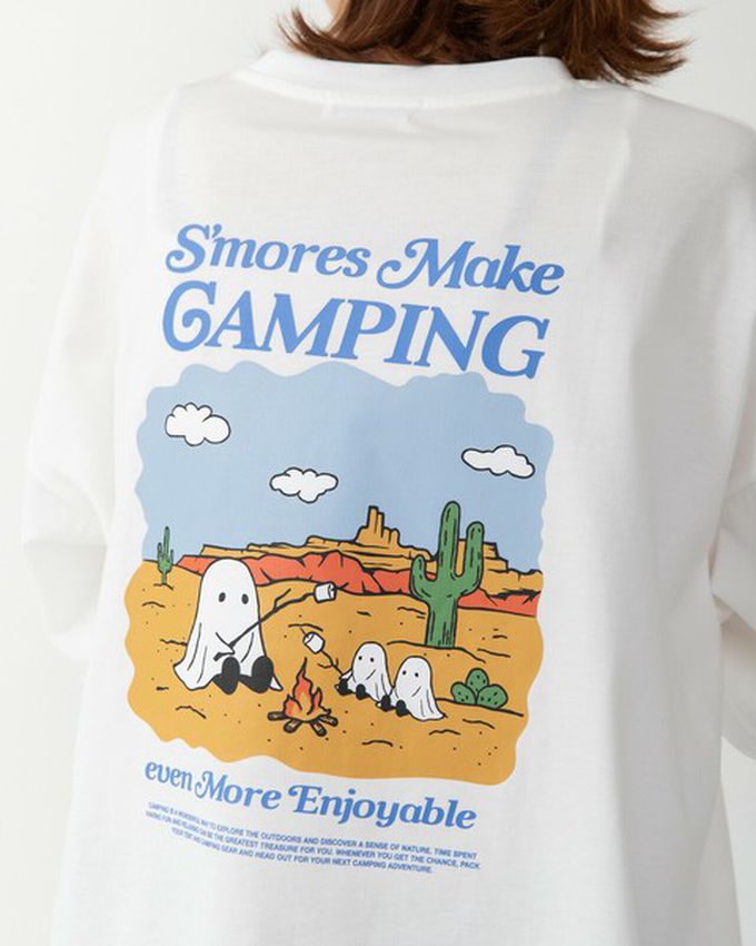 日本 gleam - 俏皮露營幽靈印花寬大風短袖T恤-白