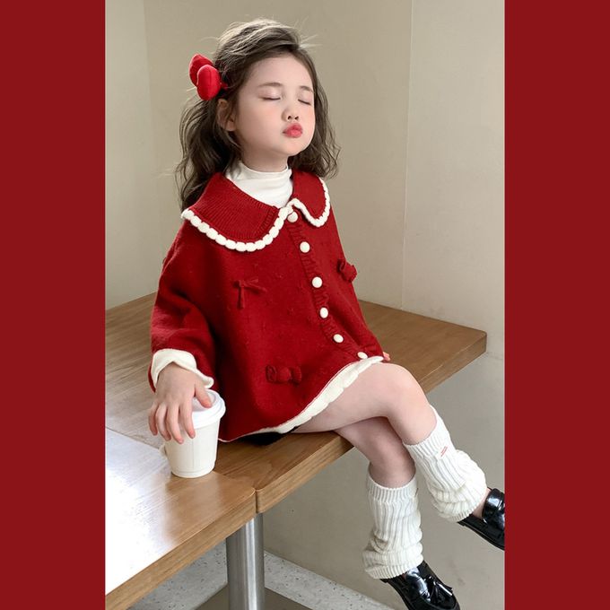 新年拜年娃娃領斗篷式開襟針織毛線外套