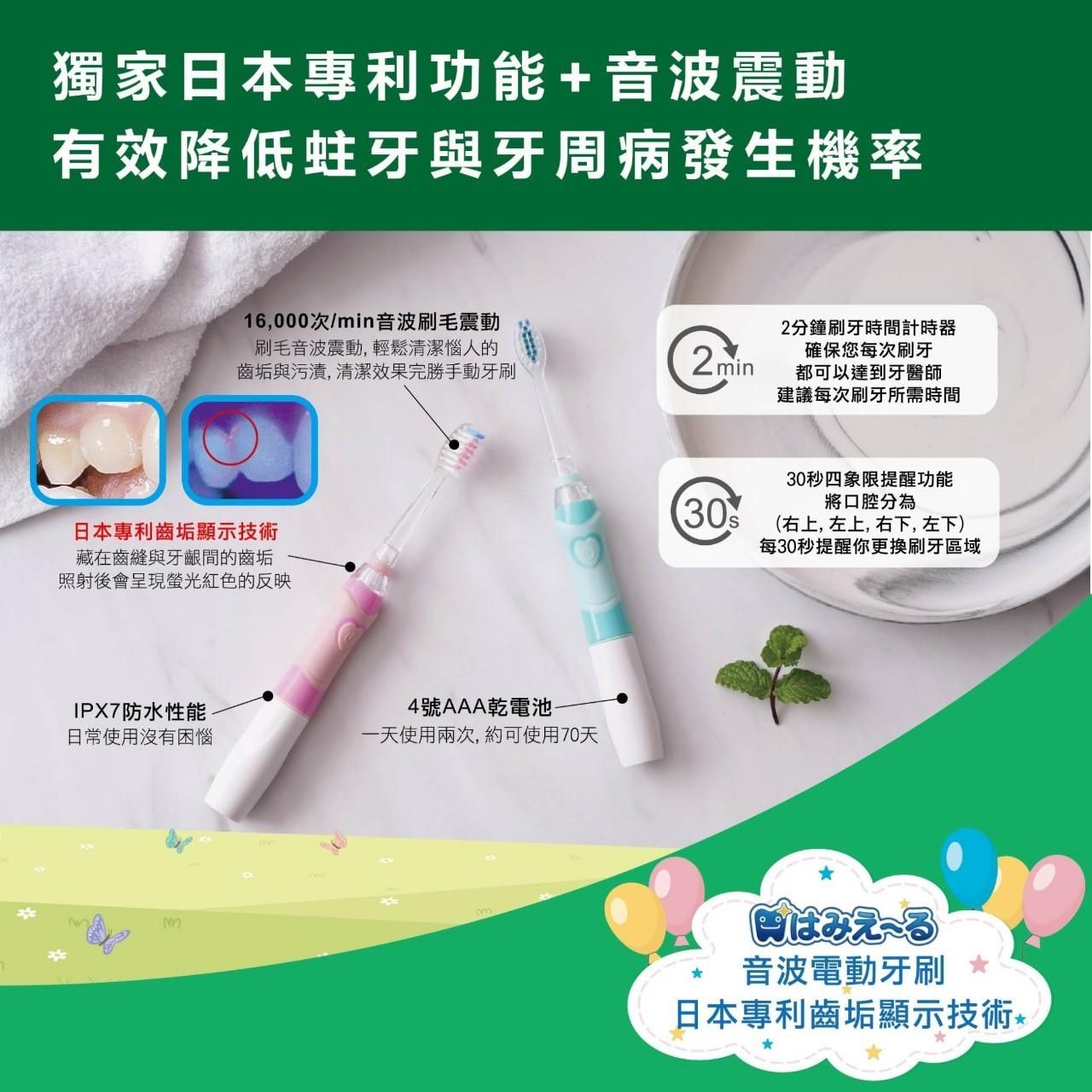 日本 Hamieru - 光能成人音波震動牙刷-日本齒垢顯示技術-帝芬妮綠-內含牙刷本體，4號刷頭(6歲以上-綠)1支，6號刷頭(成人-綠)1支
