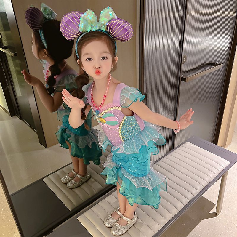 無袖造型萌萌連身公主裙-卡通人物-美人魚-藍綠+紫