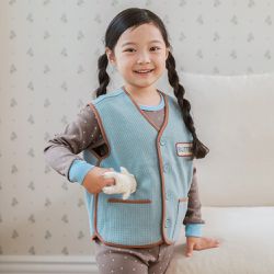 韓國 Ppippilong - 純棉鬆餅格織紋V領口袋背心-灰藍