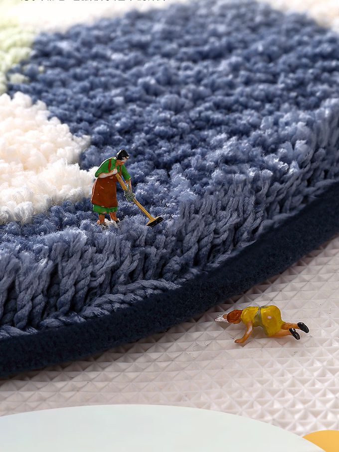 快速吸水植絨浴室腳踏墊-格紋青蛙-藍+白