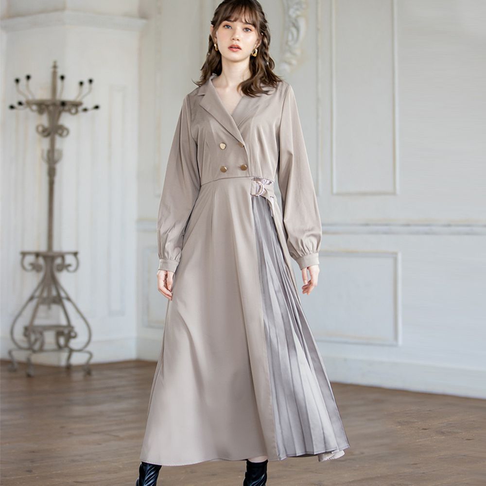 日本 GRL - (剩Ｍ)雙排釦風衣造型百褶拼接長袖洋裝-淺灰杏