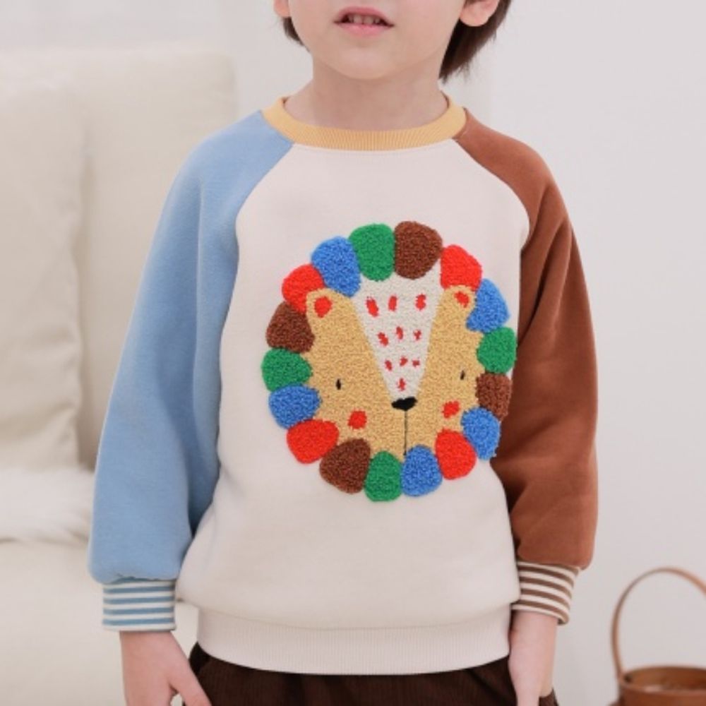 Coco rabbit (內磨毛)撞色長袖大學T-毛絨獅子-天藍X咖啡