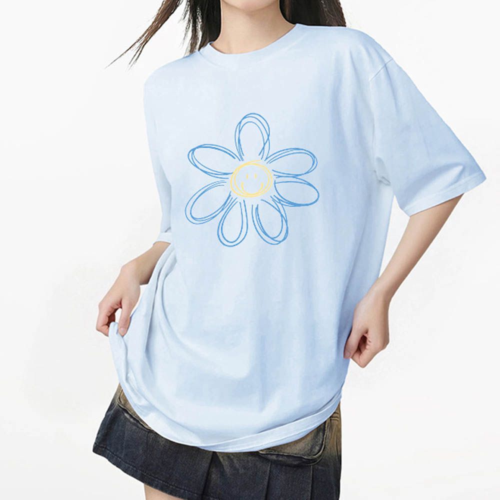純棉寬版印花T恤-開心花瓣-藍色