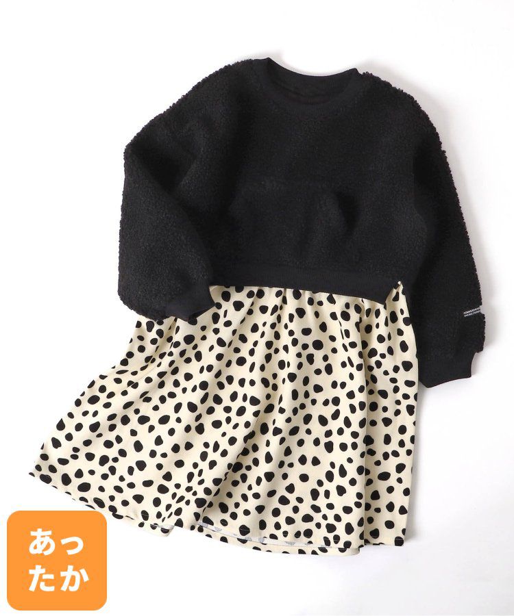 日本 BREEZE - 毛絨印花拼接長袖洋裝-黑x白斑點