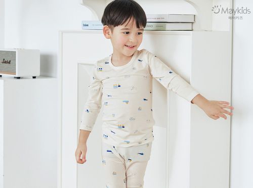 天絲莫代爾透氣長袖家居服-小交通工具-米