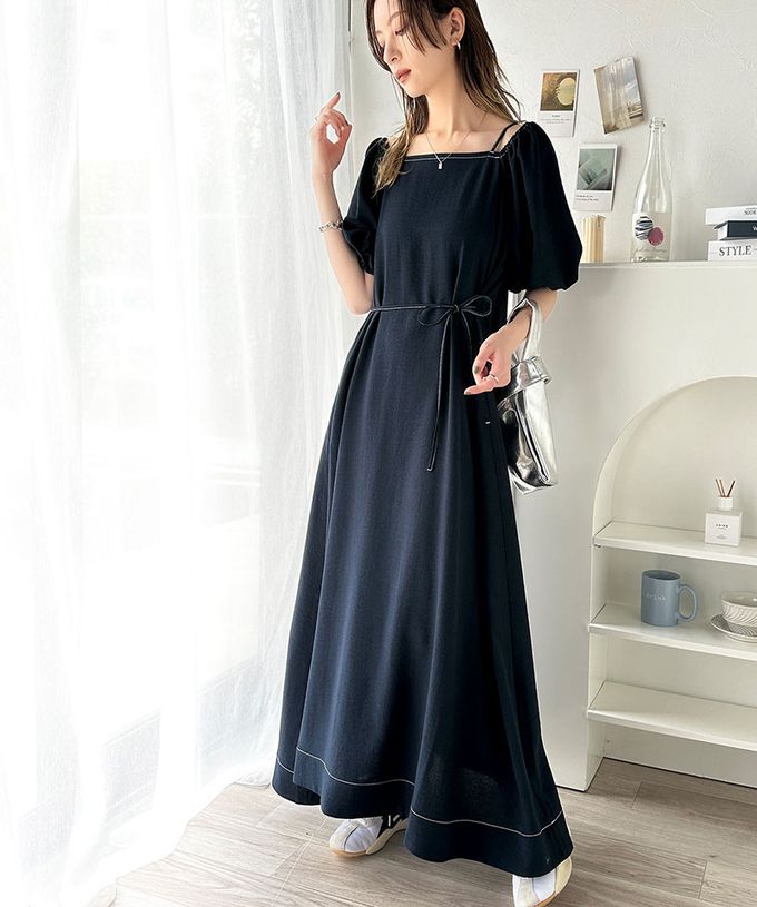 日本 Classical Elf - 典雅2way露肩腰綁帶泡泡袖洋裝-海軍藍