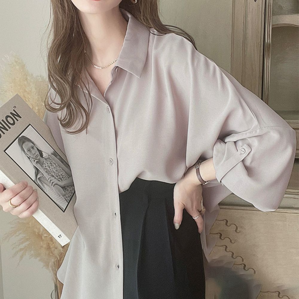 2way柔美隨性大寬袖襯衫-卡其杏 (F)