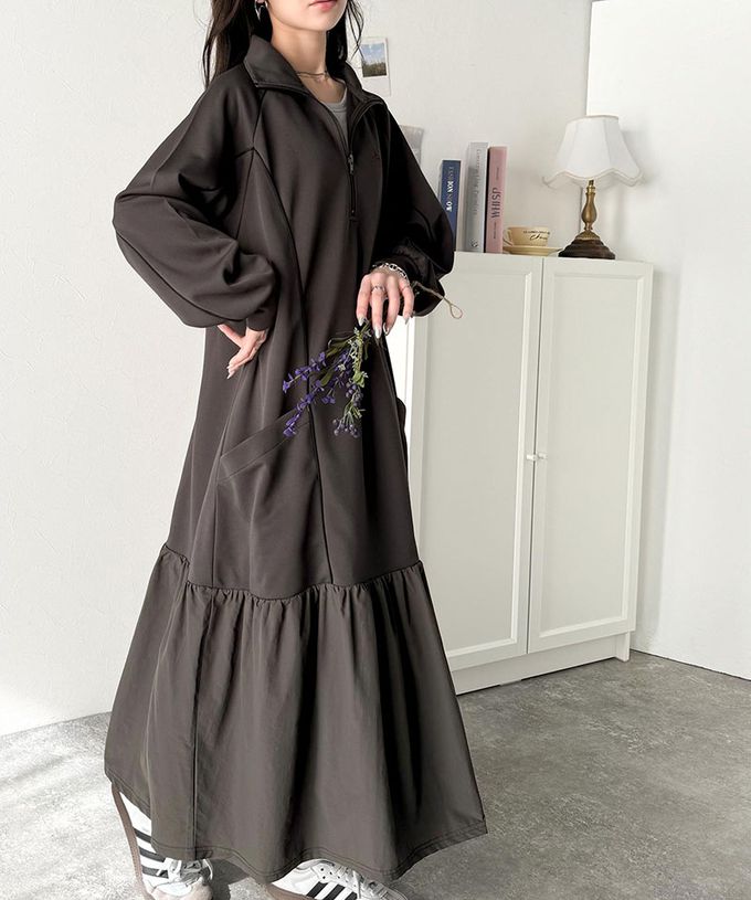 日本 Classical Elf - 異素材荷葉拼接半拉鍊寬版長袖洋裝-黑