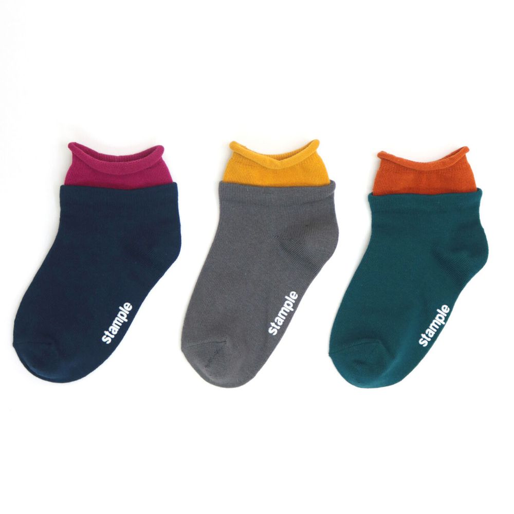 日本 stample - (親子)中筒襪-超值三雙組-假兩件撞色-B(深藍x深灰x綠)