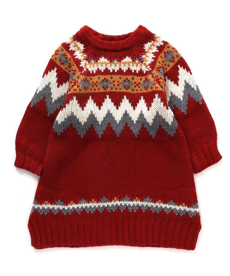 日本 BREEZE - 歐風柔軟針織洋裝-球心柄-聖誕紅