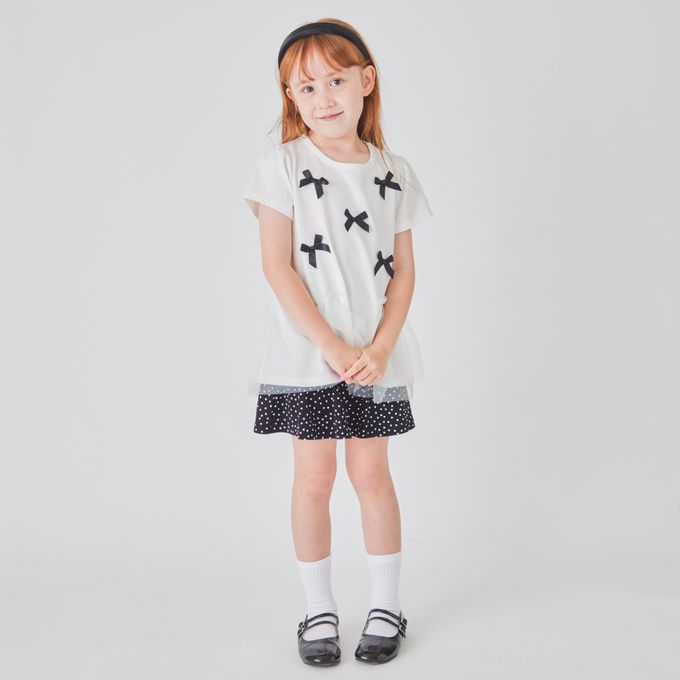 日本 evercloset - 蝴蝶結薄紗拼接短袖上衣-粉紅